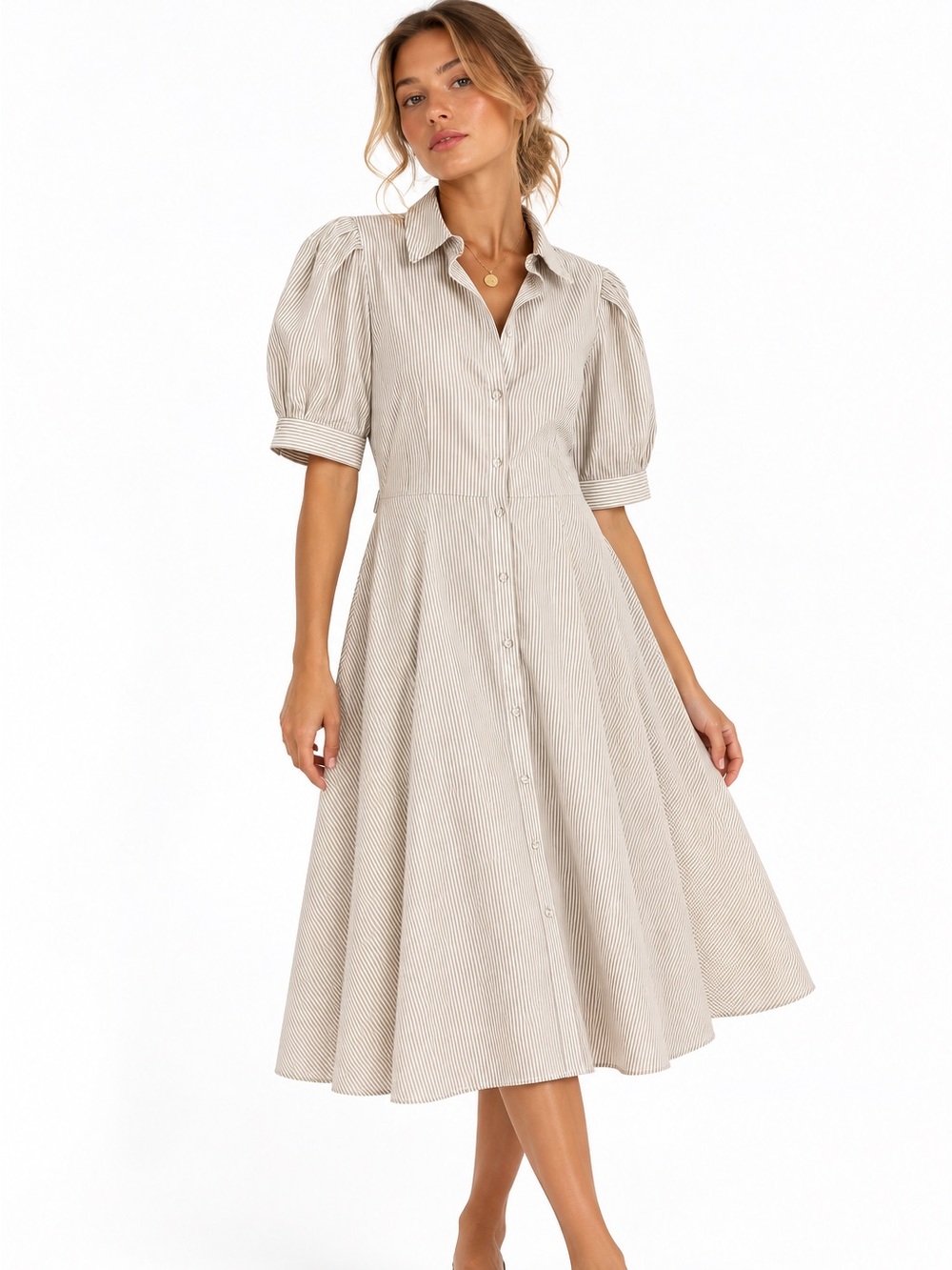 Alex Marie Classic Short-Sleeve Shirt Dress in Light Beige Stripe